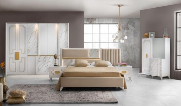 Dormitor Beata, alb/auriu, pat 160x200, dulap cu 6 usi