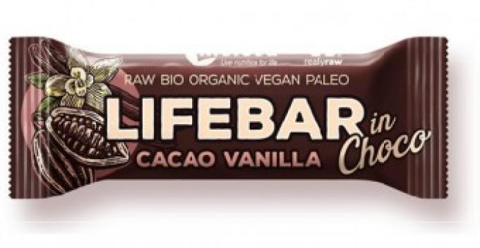 Baton cu cacao si vanilie in ciocolata raw bio Lifebar  40g