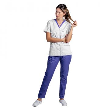 Costum medical format din bluza alb cu paspol mov de la Doctor In Uniforma SRL