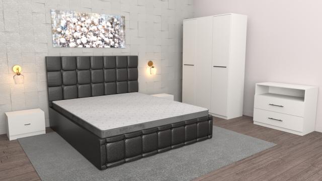 Dormitor Regal negru alb cu comoda tv alba, pat matrimonial