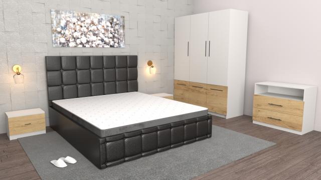 Dormitor Regal negru oak craft cu comoda TV, pat matrimonial