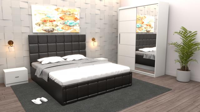 Dormitor Regal cu pat tapitat negru imitatie piele cu dulap