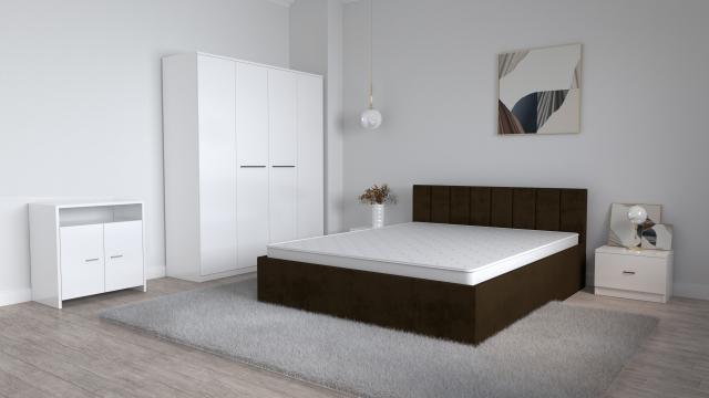 Mobila set dormitor Oliver alb cu pat tapitat maro inchis de la Wizmag Distribution Srl