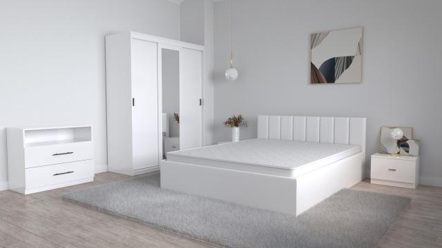 Set dormitor alb cu pat tapitat alb din piele ecologica