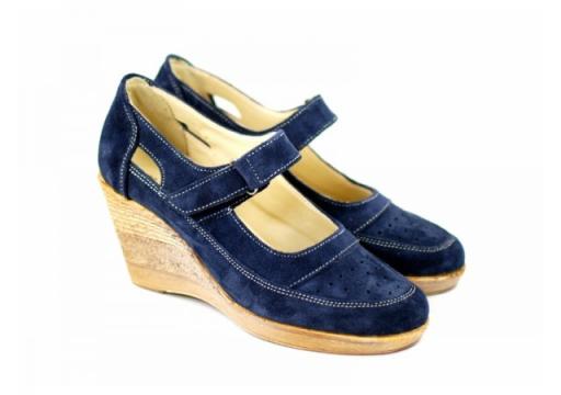 Pantofi dama piele naturala velur bleumarin cu platforma