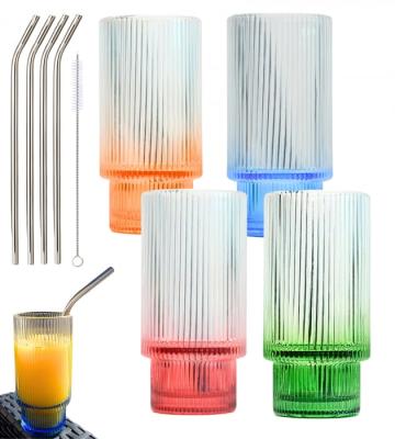 Pahare din sticla colorata 4, pentru racoritoare, cu 4 paie