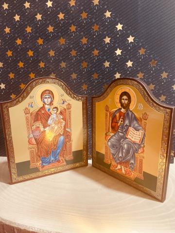 Diptic lemn Domnul Iisus - Maica  Domnului pe tron de la Candela Criscom Srl.