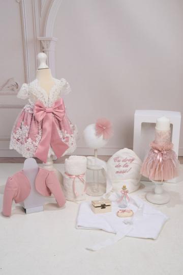 Set botez Amelie roz-vintage + Trusou + Lumanare