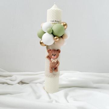 Lumanare botez personalizata Ursulet fagure olive-bej de la Milan Handmade Srl